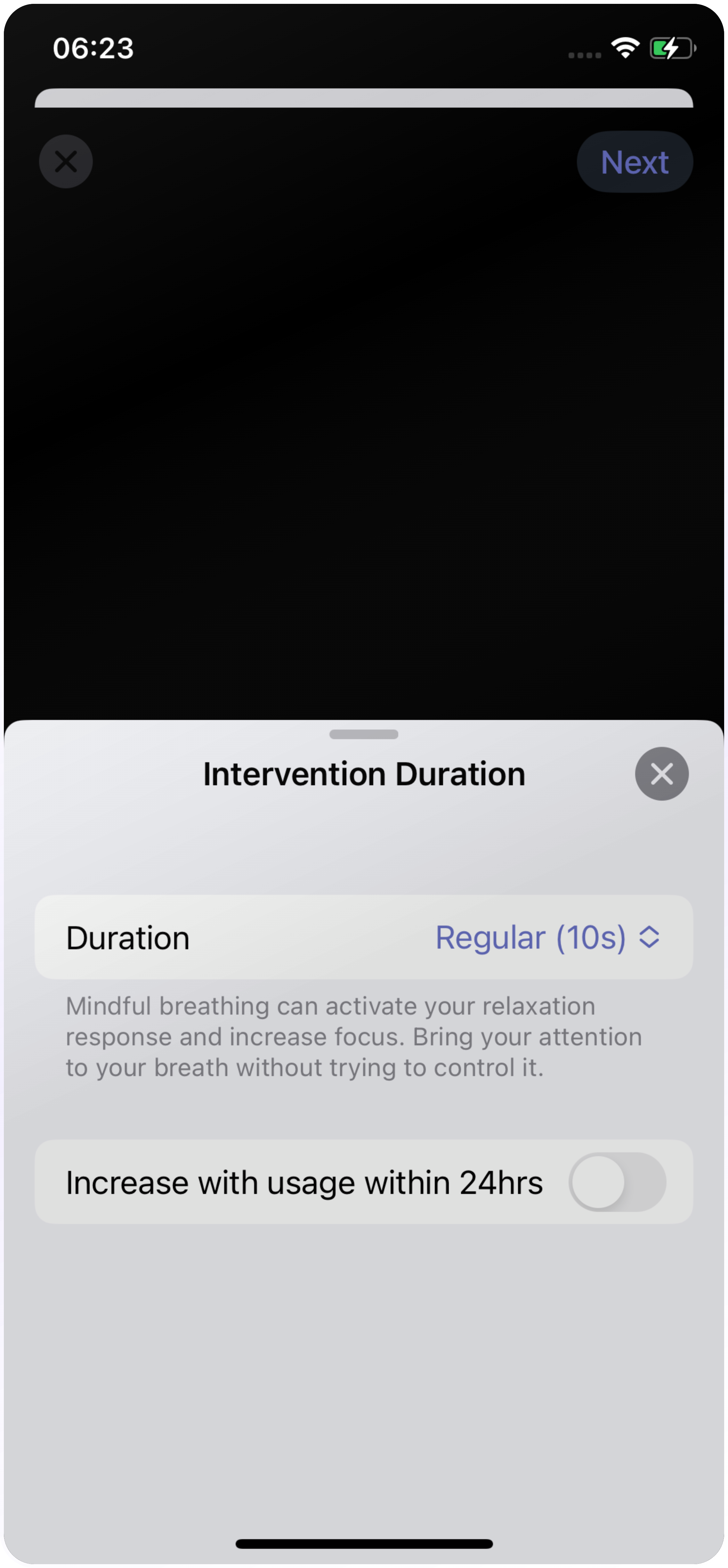 Every feature can be customized, e.g. the duration, haptic feedback, text or colors of the breathing exercise.