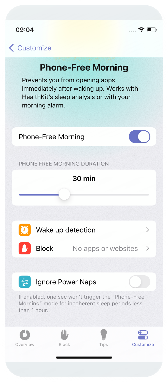 one sec Phone-Free Morning: Block apps after waking up